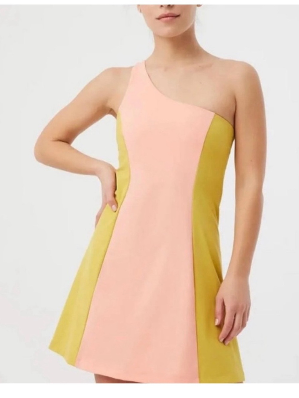 Outdoor Voices One-Shoulder Colorblock Exercise Dress in Pink and Yellow